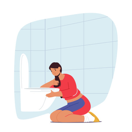Female Character With Bulimia Experiences Vomiting In A Toilet As A Result Of Her Eating Disorder, Vector Illustrationのイラスト素材
