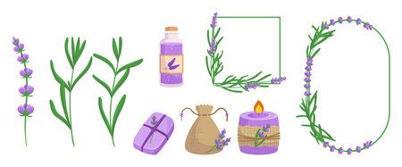 Lavender Elements Set. Soothing And Fragrant Items, Including Essential Oil, Candle, Bath Products, Borders And Decorのイラスト素材