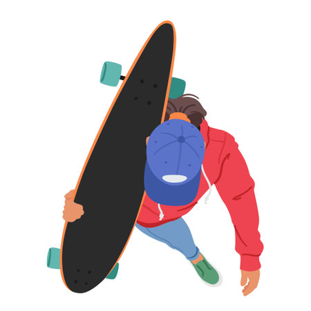 Top View Of A Teenage Woman Character Confidently Walking With A Skateboard Casually Resting On Her Shoulderのイラスト素材