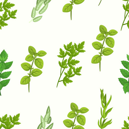 Seamless Pattern with Culinary Herbs Consisting Of Various Aromatic Plants Used For Cooking, Such As Basilのイラスト素材