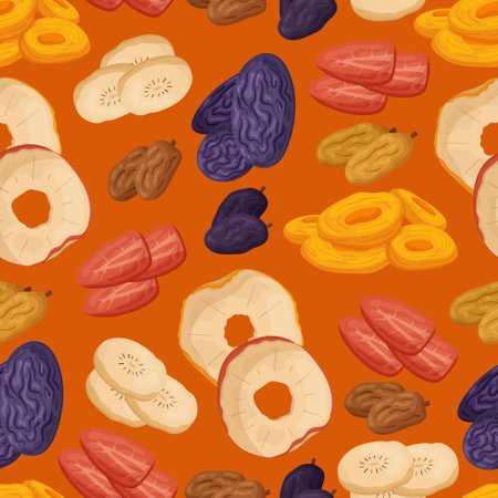 Seamless Pattern with Dry Fruits Apple, Prunes, Strawberry, Figs and Banana Visually Appealing Vector Designのイラスト素材