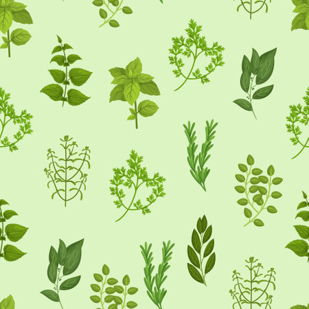 Seamless Pattern with Culinary Herbs Basil, Thyme, Rosemary, Parsley, And Oregano, Mint, Cilantro, Sage, Marjoramのイラスト素材