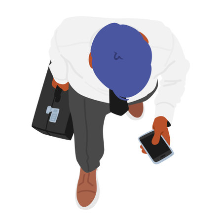 Busy Businessperson Male Character Top View, Man Confidently Walking While Holding Smartphone, Exemplifying Connectivityのイラスト素材