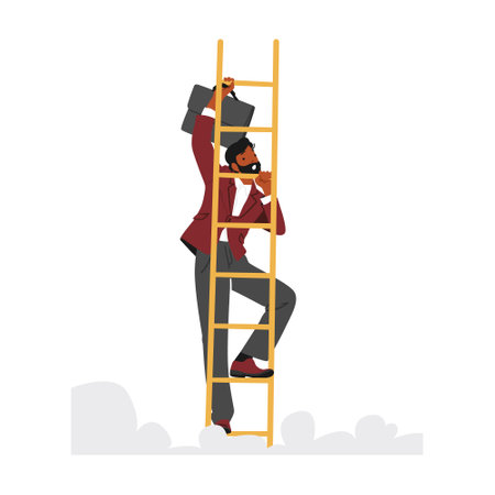 Ambitious Businessman Character Climbing The Ladder Of Success With Determination And Perseverance, Vector Illustrationのイラスト素材