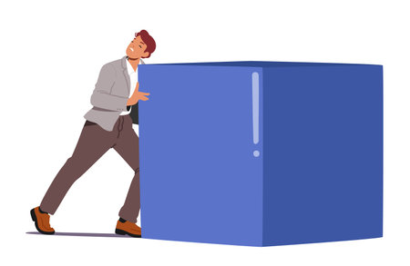 Determined Business Man Character Pushing A Huge Cube Figure With Unwavering Perseverance, Symbolizing Ambitionのイラスト素材