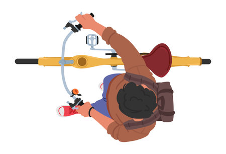 Top View Of Man Walking With A Bicycle and Backpack. Male Character Showcasing His Movement Cartoon Vector Illustrationのイラスト素材