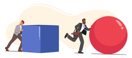 Businessmen Characters Pushing Large Ball And Cube Figures Represent The Concept Of Gaining An Advantage In Businessのイラスト素材
