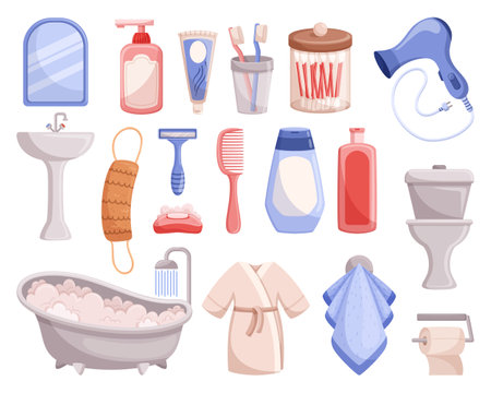 Set Of Bath Accessories Includes Items Such As Soap Dispenser, Toothbrush, And Toilet Paper and Bowl, Robe, Combのイラスト素材