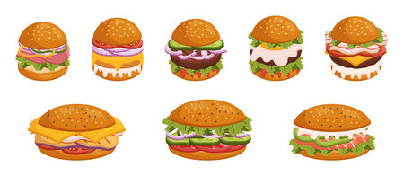 Set Of Burgers, Featuring A Variety Of Delicious Flavors And Toppings, Satisfying Combination Of Juicy Pattiesのイラスト素材