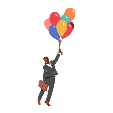 Businessman Character Soars Through The Sky On A Cluster Of Colorful Balloons, Symbolizing The Freedomのイラスト素材