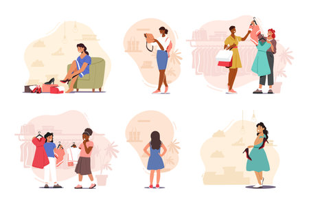 Set of Female Shopper Characters Browsing Through Colorful Displays, Selecting Clothes, Shoes and Accessoriesのイラスト素材