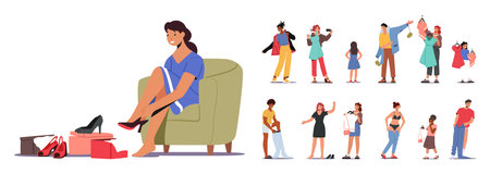 Set of Customer Characters Browse And Try On Clothes In Store, Assessing The Fit, Style, And Comfort Vector Illustrationのイラスト素材