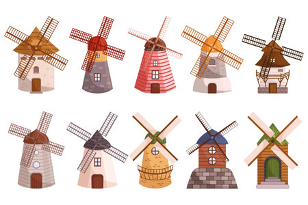 Set Of Windmills Isolated on White Background. Towering Structures With Rotating Blades, Harnessing The Power Of Windのイラスト素材
