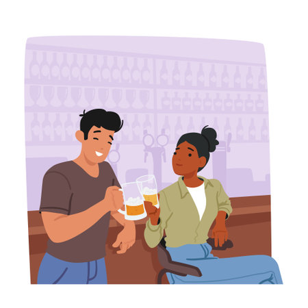 Young Man And Woman In A Bar Enjoying Beer, Raising Their Glasses In A Toast, Creating A Lively Atmosphereのイラスト素材