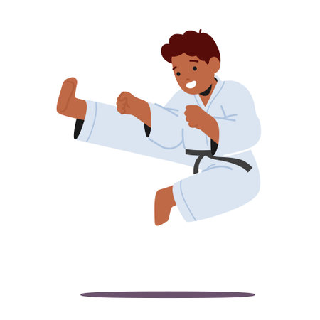 Karate Boy Mastering Martial Arts. Little Kid Displaying Discipline, Focus, And Strength While Learning Self-defenseのイラスト素材