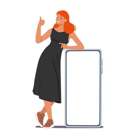 Confident Woman Character Giving A Thumbs-up While Leaning On A Giant Smartphone With A Blank Screenのイラスト素材
