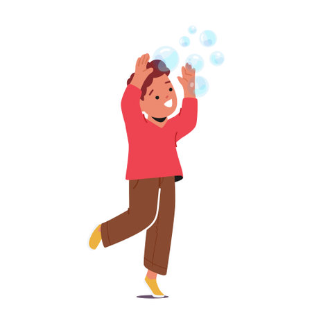 Joyful Child Blowing And Chasing Iridescent Soap Bubbles, Giggling As They Float Through The Air, Vector Illustrationのイラスト素材