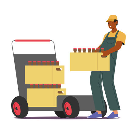 Worker Male Character Efficiently Load Bottles With Brewed Products on Trolley During The Production Processのイラスト素材