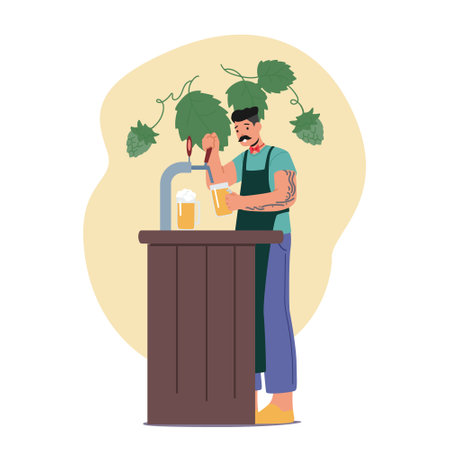 Trendy Bartender Male Character Carefully Pours Beer Using Tap System, Ensuring The Perfect Amount Of Foamのイラスト素材