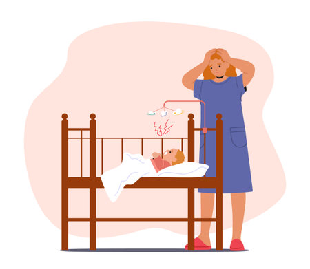 Overwhelmed Mother Character With Postpartum Depression Trying To Soothe Her Crying Baby In The Crib Vector Illustrationのイラスト素材