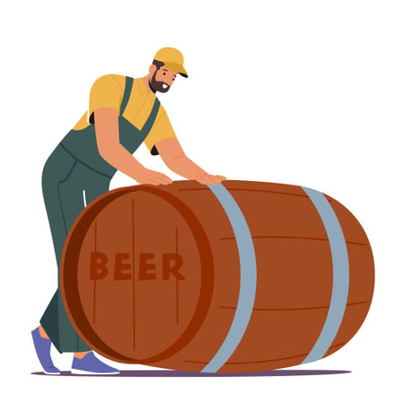 Worker Male Character Wear Uniform Rolls Huge Beer Barrel Using A Combination Of Strength And Balanceのイラスト素材