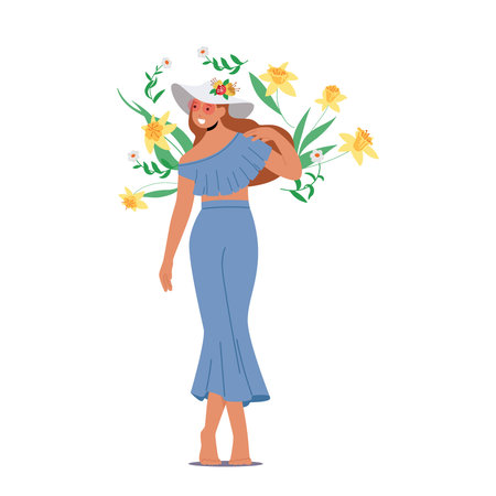 Female Character In Hat, Long Blue Skirt And Top. Gorgeous Woman Adorned In Vibrant Summer Outfits, Vector Illustrationのイラスト素材