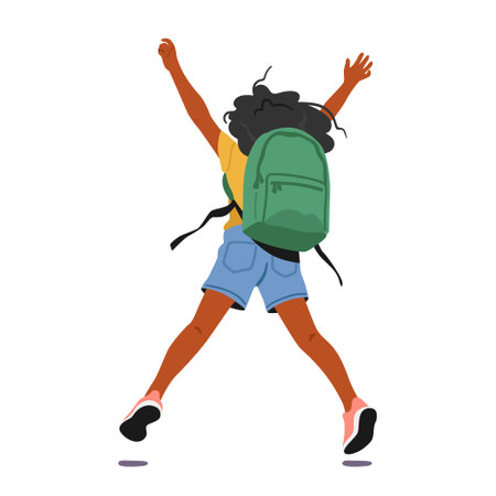 Joyful Little Child Character With Backpack On The Back, Joyfully Jumping With Hands Up, Rear View, Vector Illustrationのイラスト素材