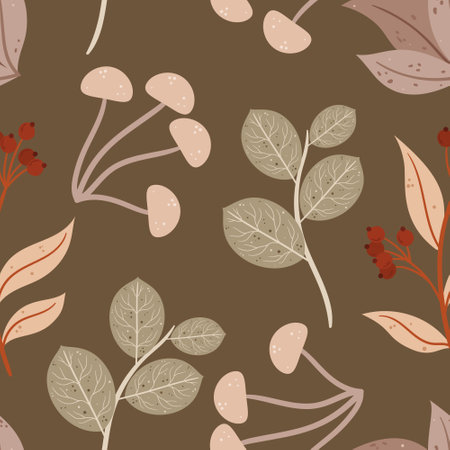 Seamless Pattern Adorned With Autumn Leaves, Delicate Branches, And Charming Mushrooms, Background, Wallpaperのイラスト素材