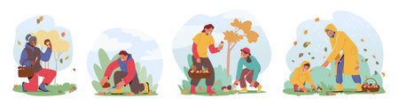 Male Female Characters Pick Mushrooms In Forest. They Identify Edible Varieties, Using Baskets And Knives For Harvestingのイラスト素材