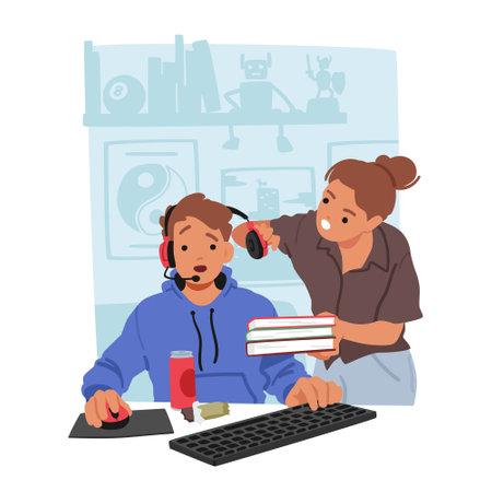 Angry Mother Character Trying To Break Through Son Headphone Zone And Grab His Attention From The Computerのイラスト素材