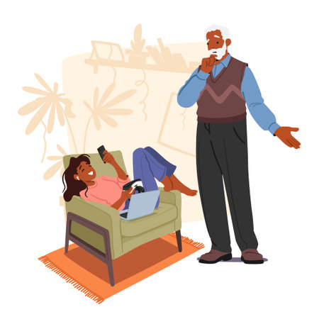 Puzzled Grandfather Waves His Arms, Attempting To Catch The Eye Of His Teenage Granddaughter Engrossed In Her Phoneのイラスト素材