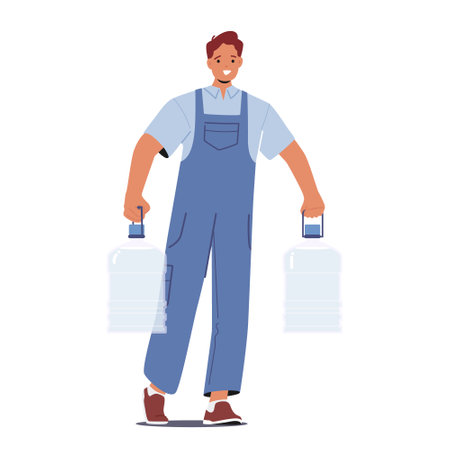 Worker Male Character Delivers Fresh Water Using Plastic Gallons, Ensuring Safe And Clean Water Supply To Householdsのイラスト素材