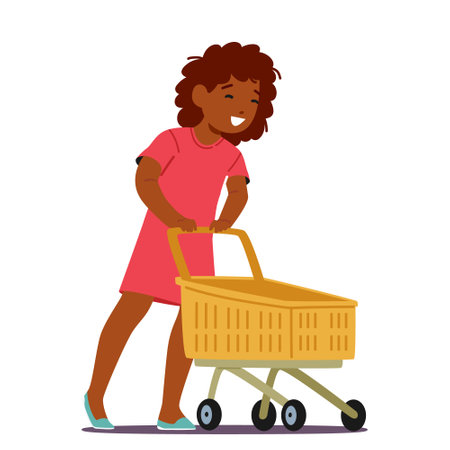 Girl Pushing A Supermarket Trolley , Little Black Child Character Browsing Aisles, Carefully Selecting Items, Vectorのイラスト素材