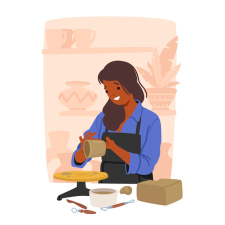 Artisan Female Character Shaping Clay, Crafting Beautiful Vessel. Skillful Carve, And Glaze, Transforming Raw Materialのイラスト素材