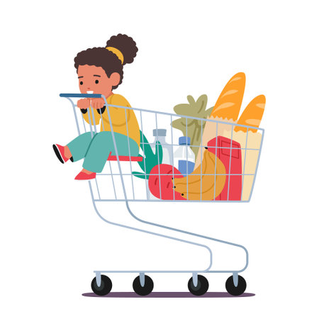 Adorable Little Girl Sitting Happily In A Supermarket Trolley, With Bright Eyes And A Big Smile, As Her Parents Shopのイラスト素材