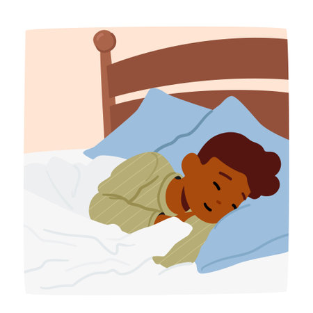 Resting Peacefully, The Boy Sleeps Soundly After The Long Busy Day. His Chest Rising And Falling With Each Gentle Breathのイラスト素材