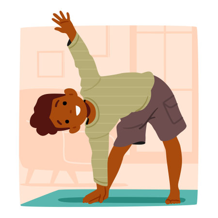 Energetic Little Boy Enthusiastically Engages In Morning Exercises, Child Character Stretching And Leaningのイラスト素材