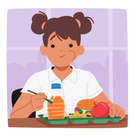 Young Schoolgirl Enjoying Her Lunch Break,little Pupil Girl Character Savoring Every Bite With A Smile On Her Faceのイラスト素材