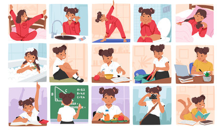 Little Girl Daily Routine. Character Wake Up, Brushes Teeth, Exercise, Eat Breakfast, Get Dressed, School, Lunch, Hobbyのイラスト素材