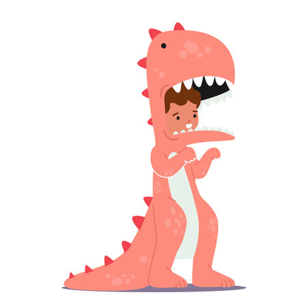 Adorable Child Character Dons Dinosaur Costume, Complete With Vibrant Scales And A Playful Tail Bringing Prehistoric Funのイラスト素材