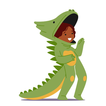 Adorable Child Character Dons Green Dinosaur Costume, Complete With Vibrant Scales And Playful Tail, Cartoon Vectorのイラスト素材