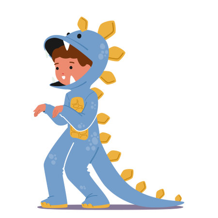 Adorable Child Character Dons Blue Dinosaur Costume, Bringing Prehistoric Charm To Life With Playful Anticsのイラスト素材