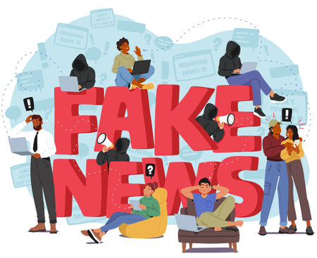 People And Fake News Concept. Characters Susceptible To Misinformation Due To Confirmation Bias, Vector Illustrationのイラスト素材