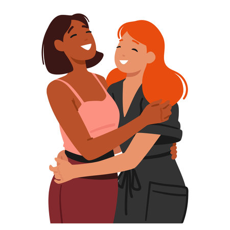 Two Women, Beaming With Joy, Embrace In A Warm, Friendly Hug, Their Laughter Echoing Their Deep Bond Vector Illustrationのイラスト素材