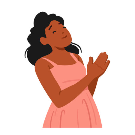 Black Young Female Character Praise. Woman with Closed Eyes And Clasped Hands In A Serene Pose, Vector Illustrationのイラスト素材