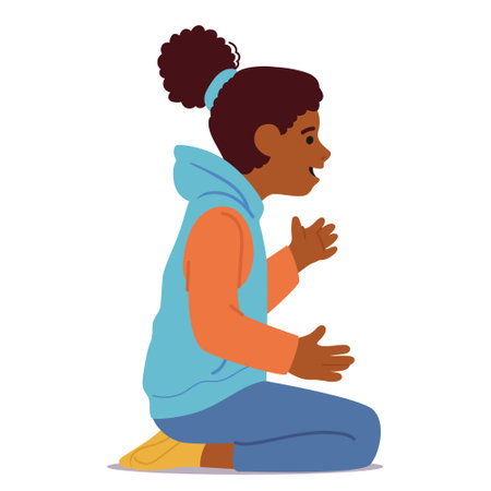 Little Girl Sitting On The Floor, Engrossed In A Conversation With Someone, Her Animated Gestures And Sincere Expressionのイラスト素材