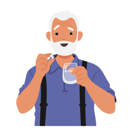 Elderly Man Clasping A Pill In One Hand, A Glass Of Water In The Other. An Image Of Daily Routine And Healthcareのイラスト素材