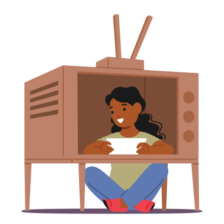 Young Girl Character Broadcasting News, Imagine herself as an Anchorman in Cardboard Tv Set, Exudes Charmのイラスト素材