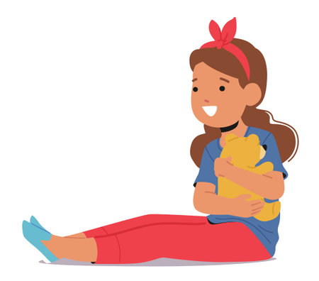 Sweet Little Girl Character Sitting On The Floor, Holding A Teddy Bear In Her Hands With A Beaming Smile On Her Faceのイラスト素材