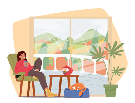 Woman Enjoys Sipping Tea, Creating A Cozy Autumn Ambiance Within Her Home, Indulging In Comforting Momentsのイラスト素材